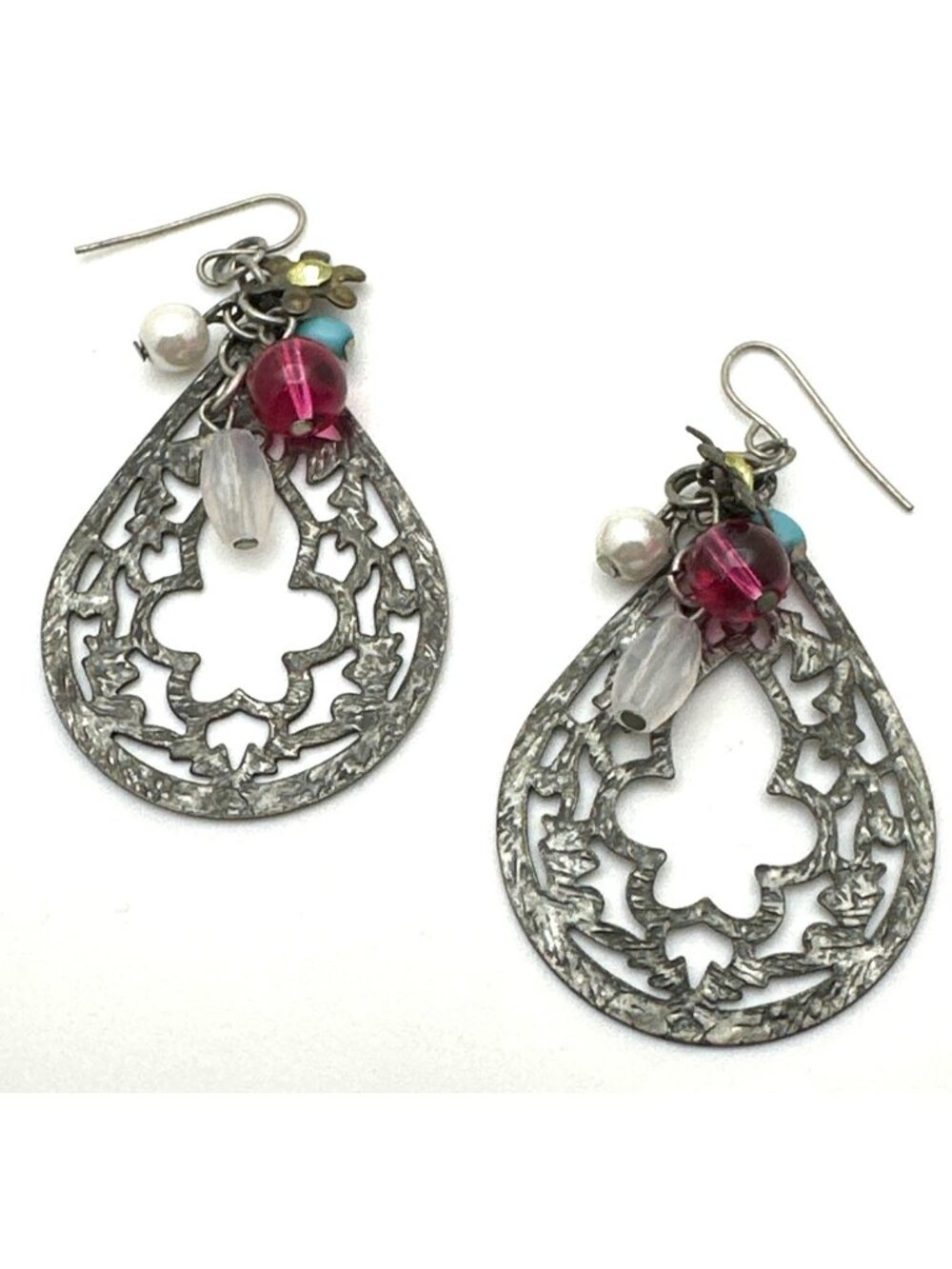 Boho Chic Dangle Earrings Filigree Open Work Lightweight Metal Colorful Beads